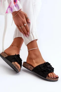 Klapki Damskie Na Korkowej Platformie Z Eko Zamszu Czarne Jaihini