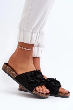 Klapki Damskie Na Korkowej Platformie Z Eko Zamszu Czarne Jaihini