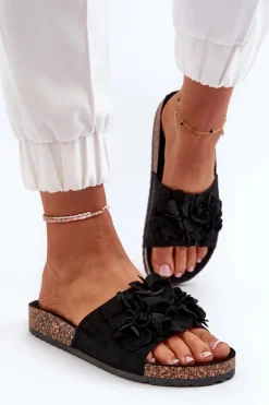 Klapki Damskie Na Korkowej Platformie Z Eko Zamszu Czarne Jaihini