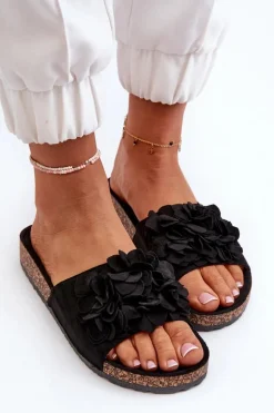 Klapki Damskie Na Korkowej Platformie Z Eko Zamszu Czarne Jaihini