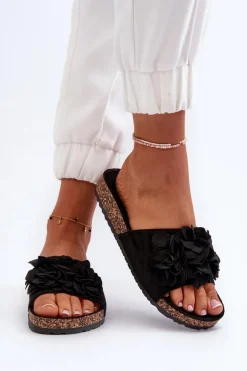 Klapki Damskie Na Korkowej Platformie Z Eko Zamszu Czarne Jaihini