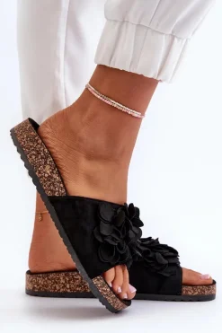 Klapki Damskie Na Korkowej Platformie Z Eko Zamszu Czarne Jaihini