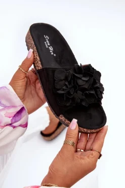 Klapki Damskie Na Korkowej Platformie Z Eko Zamszu Czarne Jaihini