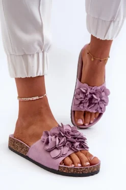 Klapki Damskie Na Korkowej Platformie Z Eko Zamszu Fioletowe Jaihini