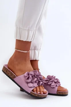 Klapki Damskie Na Korkowej Platformie Z Eko Zamszu Fioletowe Jaihini