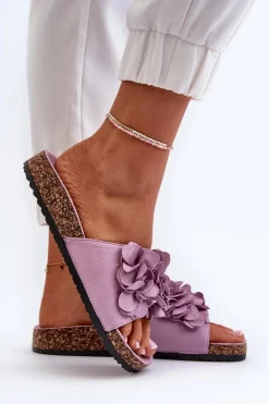 Klapki Damskie Na Korkowej Platformie Z Eko Zamszu Fioletowe Jaihini