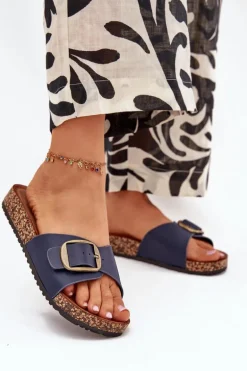 Klapki Damskie Na Korkowej Platformie Z Klamrą Granatowe Vianara