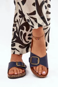 Klapki Damskie Na Korkowej Platformie Z Klamrą Granatowe Vianara