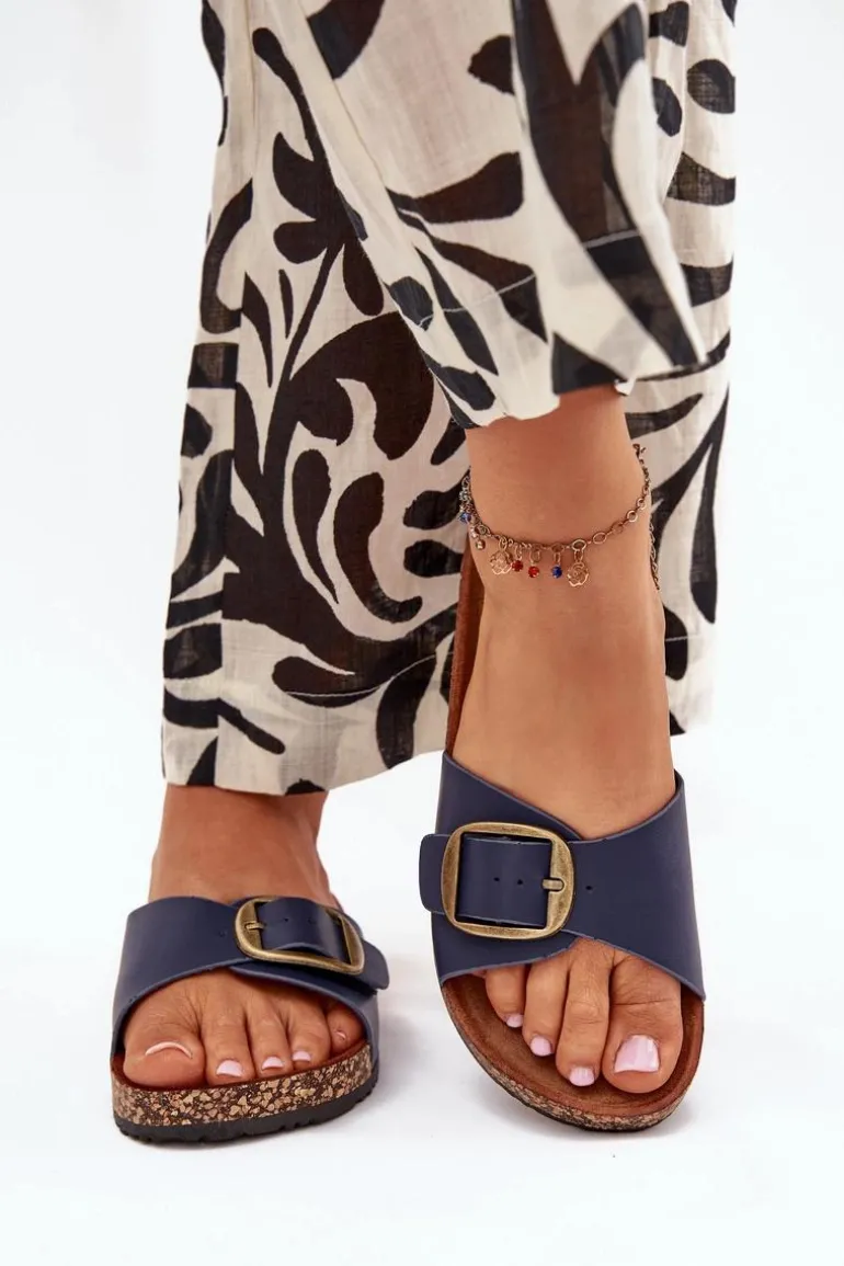 Klapki Damskie Na Korkowej Platformie Z Klamrą Granatowe Vianara