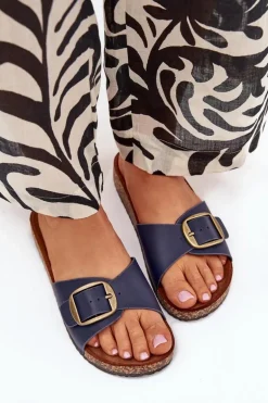 Klapki Damskie Na Korkowej Platformie Z Klamrą Granatowe Vianara