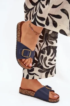 Klapki Damskie Na Korkowej Platformie Z Klamrą Granatowe Vianara