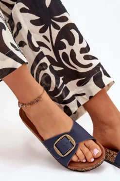 Klapki Damskie Na Korkowej Platformie Z Klamrą Granatowe Vianara