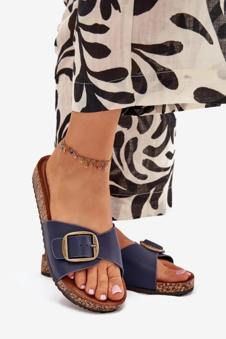 Klapki Damskie Na Korkowej Platformie Z Klamrą Granatowe Vianara