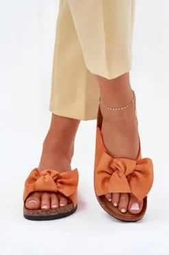 Klapki Damskie Na Korkowej Podeszwie Kokardką Pomarańczowe Seressa