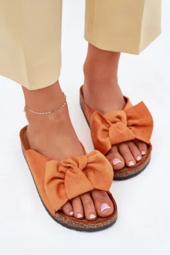 Klapki Damskie Na Korkowej Podeszwie Kokardką Pomarańczowe Seressa