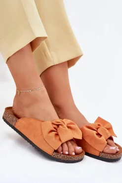 Klapki Damskie Na Korkowej Podeszwie Kokardką Pomarańczowe Seressa