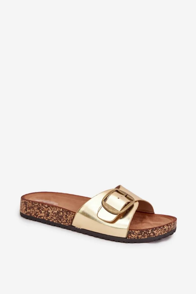Klapki Damskie Na Korkowej Platformie Z Klamrą Złote Vianara