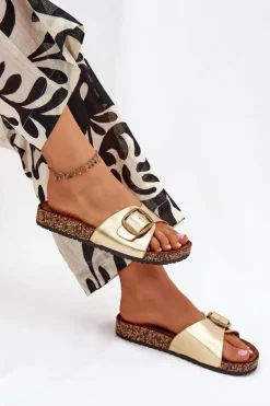 Klapki Damskie Na Korkowej Platformie Z Klamrą Złote Vianara