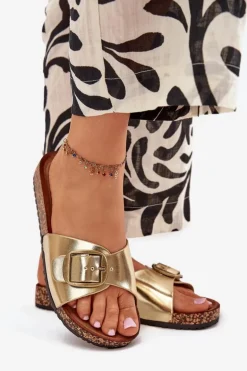 Klapki Damskie Na Korkowej Platformie Z Klamrą Złote Vianara