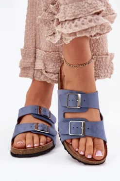 Klapki Damskie Na Korkowej Platformie Klamry Niebieskie Evisolla