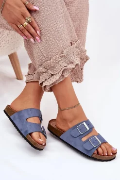 Klapki Damskie Na Korkowej Platformie Klamry Niebieskie Evisolla