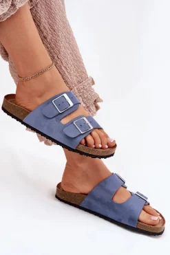 Klapki Damskie Na Korkowej Platformie Klamry Niebieskie Evisolla