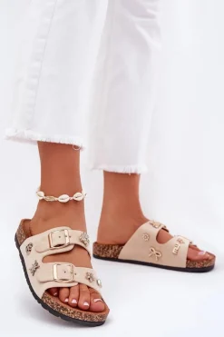 Klapki Damskie Na Korkowej Podeszwie Z Klamrami I Przypinkami Beżowe Efadelis