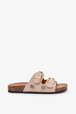 Klapki Damskie Na Korkowej Podeszwie Z Klamrami I Przypinkami Beżowe Efadelis