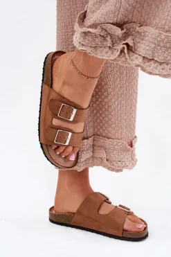 Klapki Damskie Na Korkowej Platformie Klamry Camel Evisolla