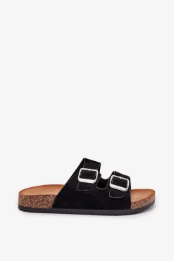 Klapki Damskie Na Korkowej Platformie Z Klamrami Czarne Livara