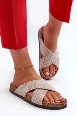 Klapki Damskie Na Korkowej Platformie Beżowe Tesolen