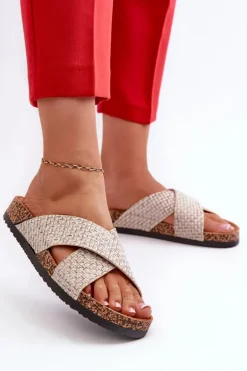 Klapki Damskie Na Korkowej Platformie Beżowe Tesolen