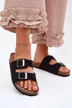 Klapki Damskie Na Korkowej Platformie Klamry Czarne Evisolla