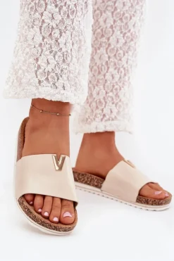 Klapki Damskie Na Korkowej Platformie Z Ozdobnym Detalem Beżowe Vessira