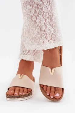 Klapki Damskie Na Korkowej Platformie Z Ozdobnym Detalem Beżowe Vessira