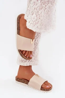 Klapki Damskie Na Korkowej Platformie Z Ozdobnym Detalem Beżowe Vessira