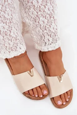 Klapki Damskie Na Korkowej Platformie Z Ozdobnym Detalem Beżowe Vessira