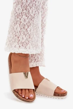 Klapki Damskie Na Korkowej Platformie Z Ozdobnym Detalem Beżowe Vessira