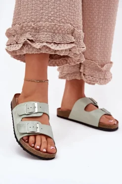 Klapki Damskie Na Korkowej Platformie Klamry Miętowe Evisolla