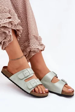 Klapki Damskie Na Korkowej Platformie Klamry Miętowe Evisolla