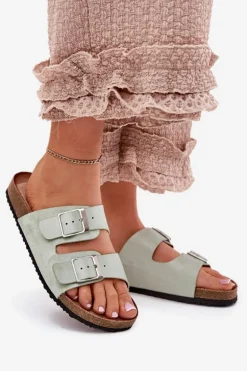 Klapki Damskie Na Korkowej Platformie Klamry Miętowe Evisolla