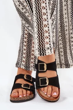 Klapki Damskie Na Korkowej Platformie Ze Złotymi Klamrami Czarne Lisavionea