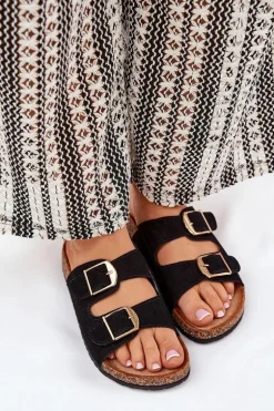 Klapki Damskie Na Korkowej Platformie Ze Złotymi Klamrami Czarne Lisavionea