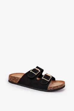 Klapki Damskie Na Korkowej Platformie Ze Złotymi Klamrami Czarne Lisavionea