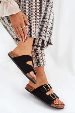 Klapki Damskie Na Korkowej Platformie Ze Złotymi Klamrami Czarne Lisavionea