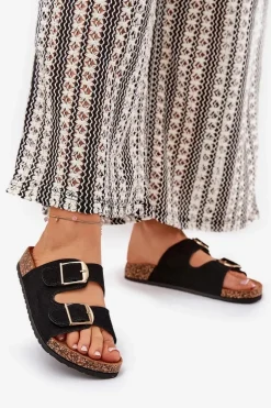 Klapki Damskie Na Korkowej Platformie Ze Złotymi Klamrami Czarne Lisavionea