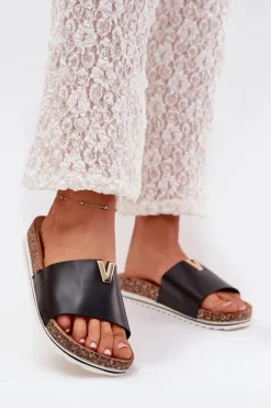 Klapki Damskie Na Korkowej Platformie Z Ozdobnym Detalem Czarne Vessira