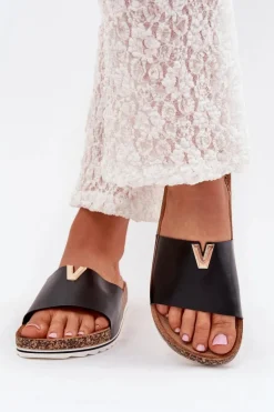 Klapki Damskie Na Korkowej Platformie Z Ozdobnym Detalem Czarne Vessira