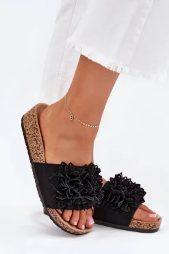 Klapki Damskie Na Korkowej Platformie Czarne Elirna