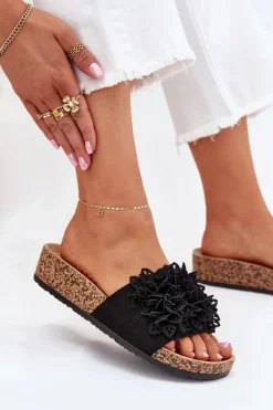 Klapki Damskie Na Korkowej Platformie Czarne Elirna